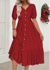 robe rouge à manches courtes et col en V à pois Rotita