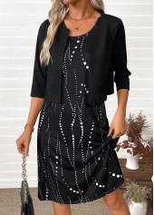 Rotita – Schwarzes Kleid und Cardigan mit gepunktetem Bauchnabel