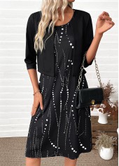 Black dresses,Dot dresses,Everyday dresses,Casual dresses,ROTITA Tummy Coverage Polka Dot Black Dress and Cardigan