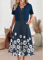 Navy dresses,Dot dresses,Everyday dresses,Casual dresses,ROTITA Polka Dot Navy Round Neck Dress and Cardigan
