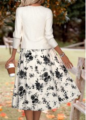 Beige dresses,Floral dresses,Plants dresses,Everyday dresses,Casual dresses,ROTITA Floral Print Beige Round Neck Dress and Cardigan