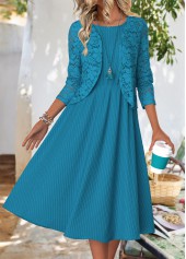 Peacock Blue dresses,Plain Color dresses,Everyday dresses,Casual dresses,ROTITA Peacock Blue Round Neck Long Sleeve Dress and Cardigan