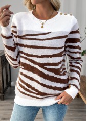 White tops,Other tops,Button White Round Neck Long Sleeve Sweater