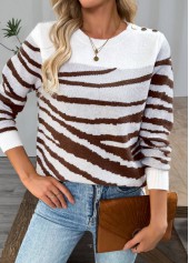 White tops,Other tops,Button White Round Neck Long Sleeve Sweater