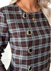 Dark Coffee tops,Plaid tops,Geometric tops,ROTITA Tummy Coverage Plaid Dark Coffee Round Neck Blouse