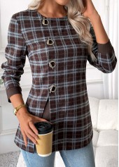 ROTITA Tummy Coverage Plaid Dark Coffee Round Neck Blouse