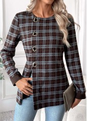 Dark Coffee tops,Plaid tops,Geometric tops,ROTITA Tummy Coverage Plaid Dark Coffee Round Neck Blouse