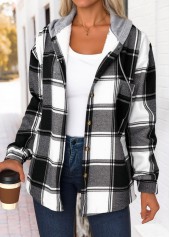 Black tops,Plaid tops,Geometric tops,ROTITA Tummy Coverage Plaid Black Hooded Long Sleeve Track Jacket