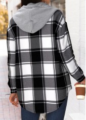 Black tops,Plaid tops,Geometric tops,ROTITA Tummy Coverage Plaid Black Hooded Long Sleeve Track Jacket