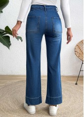 Denim Blue bottoms,Plain Color bottoms,Pocket Denim Blue Wide Leg Button Fly Jeans