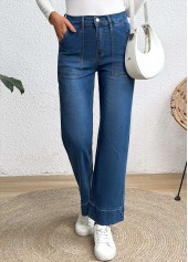 Denim Blue bottoms,Plain Color bottoms,Pocket Denim Blue Wide Leg Button Fly Jeans