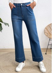 Denim Blue bottoms,Plain Color bottoms,Pocket Denim Blue Wide Leg Button Fly Jeans
