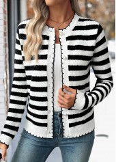 Black tops,Striped tops,Geometric tops,Button Striped Black Long Sleeve Cardigan