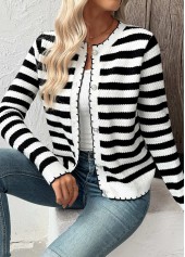 Black tops,Striped tops,Geometric tops,Button Striped Black Long Sleeve Cardigan