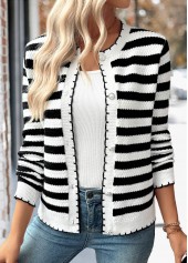 Black tops,Striped tops,Geometric tops,Button Striped Black Long Sleeve Cardigan