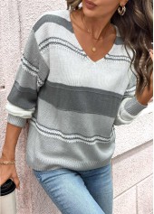 Grey tops,Striped tops,Geometric tops,Tummy Coverage Striped Grey V Neck Long Sleeve Sweater