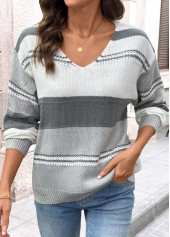 Grey tops,Striped tops,Geometric tops,Tummy Coverage Striped Grey V Neck Long Sleeve Sweater