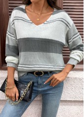 Grey tops,Striped tops,Geometric tops,Tummy Coverage Striped Grey V Neck Long Sleeve Sweater