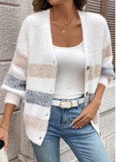 White tops,Striped tops,Geometric tops,Tummy Coverage Striped White Long Sleeve Cardigan