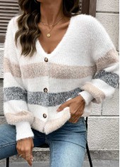 White tops,Striped tops,Geometric tops,Tummy Coverage Striped White Long Sleeve Cardigan