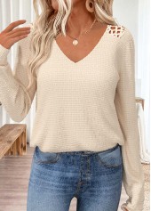 Beige tops,Plain Color tops,ROTITA Tummy Coverage Beige V Neck Long Sleeve T Shirt