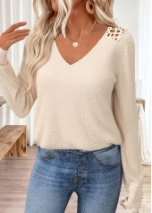 Beige tops,Plain Color tops,ROTITA Tummy Coverage Beige V Neck Long Sleeve T Shirt