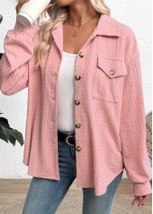 Pink tops,Plain Color tops,ROTITA Curved Hem Pink Turn Down Collar Long Sleeve Shirt