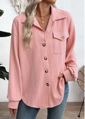 Pink tops,Plain Color tops,ROTITA Curved Hem Pink Turn Down Collar Long Sleeve Shirt