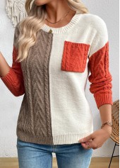 Patchwork Multi Color Round Neck Long Sleeve Sweater