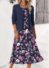 Rotita – Marineblaues Kleid und Cardigan mit Blumenmuster zur Bauchbedeckung