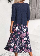 Navy dresses,Floral dresses,Plants dresses,Everyday dresses,Casual dresses,ROTITA Tummy Coverage Floral Print Navy Dress and Cardigan