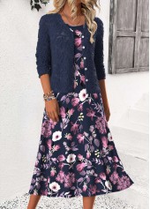 Navy dresses,Floral dresses,Plants dresses,Everyday dresses,Casual dresses,ROTITA Tummy Coverage Floral Print Navy Dress and Cardigan