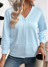 Light Blue tops,Plain Color tops,Light Blue V Neck Long Sleeve Light Cardigan