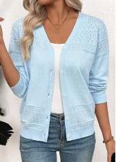 Light Blue tops,Plain Color tops,Light Blue V Neck Long Sleeve Light Cardigan