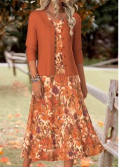 Orange dresses,Plants dresses,Floral dresses,Everyday dresses,Casual dresses,ROTITA Tummy Coverage Random Floral Print Orange Dress and Cardigan