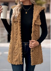 Dark Camel tops,Plain Color tops,Button Dark Camel Hooded Sleeveless Waistcoat