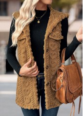 Button Dark Camel Hooded Sleeveless Waistcoat