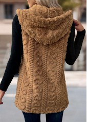 Dark Camel tops,Plain Color tops,Button Dark Camel Hooded Sleeveless Waistcoat