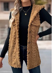 Dark Camel tops,Plain Color tops,Button Dark Camel Hooded Sleeveless Waistcoat