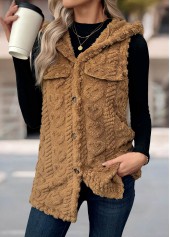 Dark Camel tops,Plain Color tops,Button Dark Camel Hooded Sleeveless Waistcoat