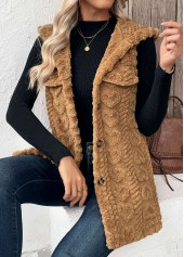 Dark Camel tops,Plain Color tops,Button Dark Camel Hooded Sleeveless Waistcoat