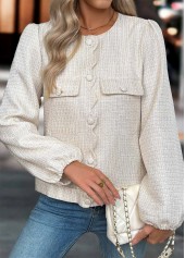 Beige tops,Plain Color tops,Tummy Coverage Beige Round Neck Long Sleeve Coat