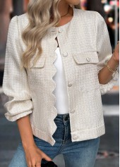 Beige tops,Plain Color tops,Tummy Coverage Beige Round Neck Long Sleeve Coat