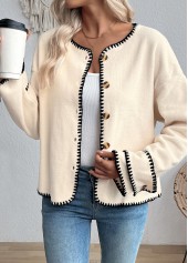 Beige tops,Plain Color tops,Tummy Coverage Beige Round Neck Long Sleeve Coat