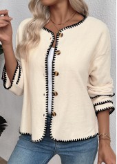 Beige tops,Plain Color tops,Tummy Coverage Beige Round Neck Long Sleeve Coat