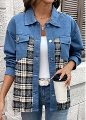 Denim Blue tops,Plaid tops,Geometric tops,Tummy Coverage Plaid Denim Blue Turn Down Collar Coat