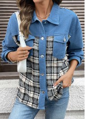 Denim Blue tops,Plaid tops,Geometric tops,Tummy Coverage Plaid Denim Blue Turn Down Collar Coat