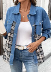 Denim Blue tops,Plaid tops,Geometric tops,Tummy Coverage Plaid Denim Blue Turn Down Collar Coat