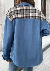 Denim Blue tops,Plaid tops,Geometric tops,Tummy Coverage Plaid Denim Blue Turn Down Collar Coat