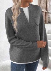 Grey tops,Contrast Color tops,ROTITA Fake 2in1 Grey Round Neck Long Sleeve Sweatshirt